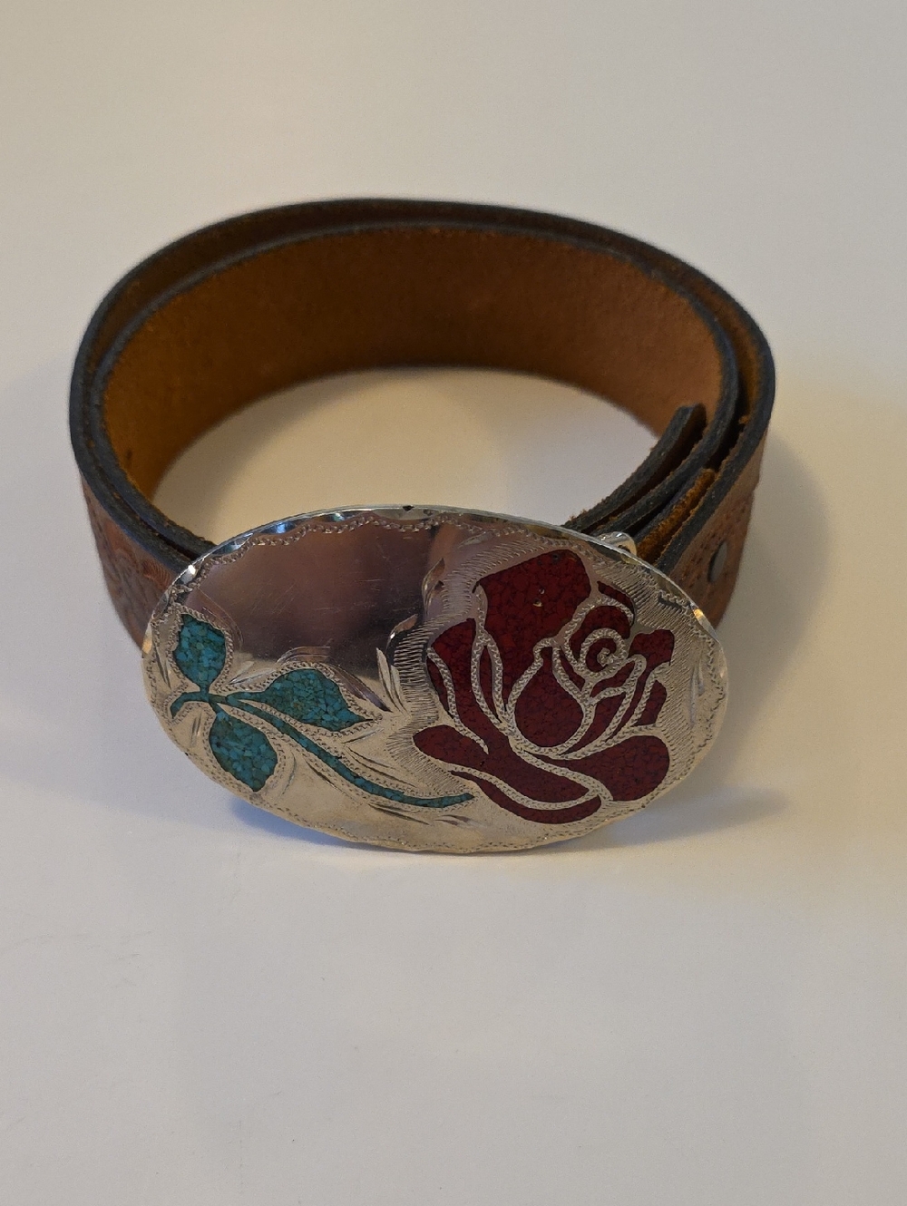 Western German Silver Belt Buckle Coral Turquoise Chambers Leather Tooled 32